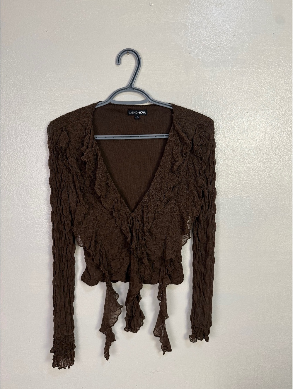 Fashion Nova Brown Textured Ruffle Wrap Top, Size Small